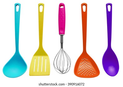 Colorful Plastic Kitchen Utensils Isolated On White. Clipping Path Included.