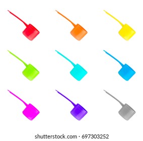 Colorful plastic measuring scoop of whey isolate protein on white background