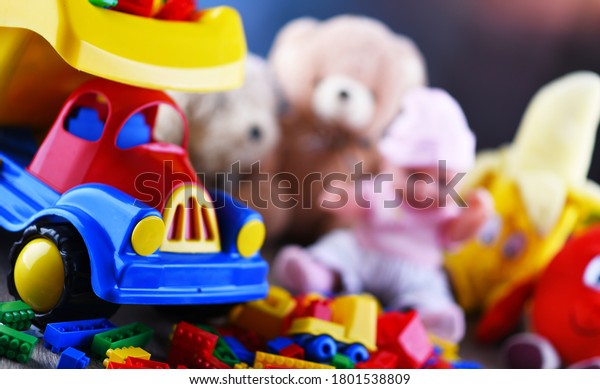Colorful
plastic and plush toys in a children's
room.