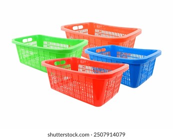 Colorful plastic storage baskets are displayed in green, red, blue, and orange, showcasing versatility and organization for various household needs and storage solutions.