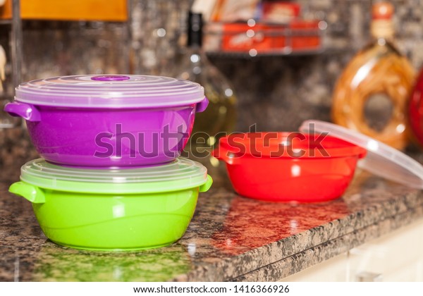 Colorful Plastic Storage Containers On Kitchen Stock Photo Edit