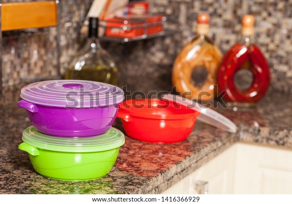 Colorful Plastic Storage Containers On Kitchen Stock Photo Edit