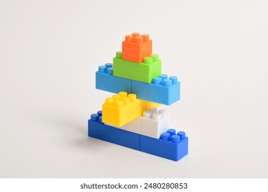 Colorful Plastic toy blocks isolated on white background. Building Blocks