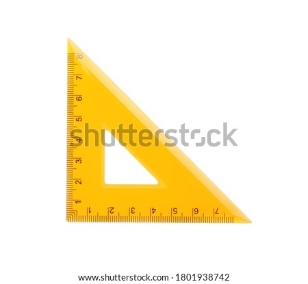 Colorful plastic triangular ruler isolated on white, top view. School stationery