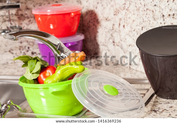 Colorful Plastic Vegetable Storage Containers Kitchen Stock Photo