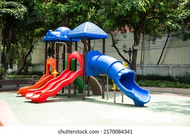 Colorful Playground Made Of Plastic Empty Outdoor Playground Set Playground Equipment. Play Area. Play Area. Garden Equipment. Children's Slide. School Yard. Playground In The Park.
