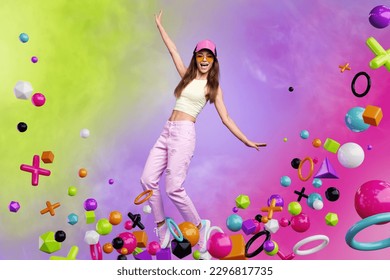 Colorful pop template collage of young lady appear in magical cyber space travel on fast speed stream math symbols