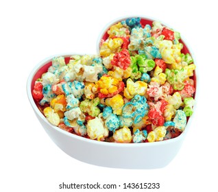 colorful popcorn in heart shape bowl