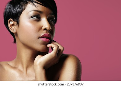 Colorful Portrait Of A Pretty Black Woman With  Pink Lips