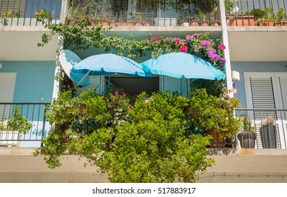 Colorful Pot Plants Garden With Blue Sun Umbrellas On The Balcony. Small Space Gardening Idea. 