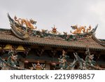 Colorful Pottery Sculpture Ridges and Brick Carvings, Lingnan Style Architecture at Tonghuai Temple of Guan Yu and Yue Fei, Quanzhou, Fujian, China