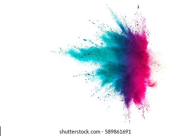 Colorful powder explosion on white background. Colorful dust explode. Paint Holi.