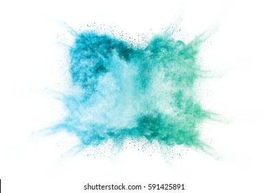 Colorful powder explosion on white background. Colored cloud.  Blue dust explode. Paint Holi.