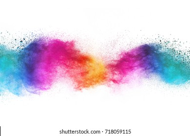 Colorful powder explosion on white background. Colored cloud. Colorful dust explode. - Shutterstock ID 718059115