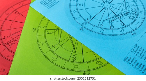 Colorful printed astrology charts,  ascendant in Cancer, detail - Powered by Shutterstock