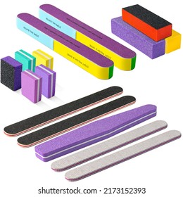 Colorful Professional Nail File Bulk. Nail Buffer Blocks Isolated On White Background. Nail Buffer Block For Natural Nails. For Beauty Health Nails Care. Nail Treatment