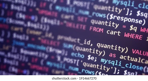 Colorful programming php and html code on a monitor. PHP language code closeup. Backend programming, software development concept background