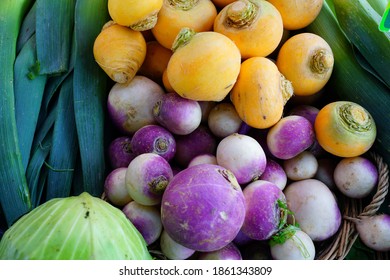 Colorful Purple And Orange Turnip Vegetable At A Winter Farmers Market