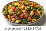 A colorful quinoa and roasted vegetable salad in a ceramic bowl, showcasing fresh and healthy plant-based ingredients