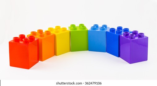 Colorful Rainbow Building Plastic Toy Blocks Isolated On White