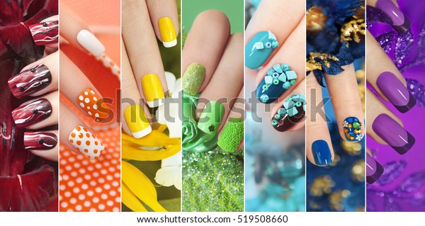 Colorful rainbow collection of nail designs for summer\
and winter 
