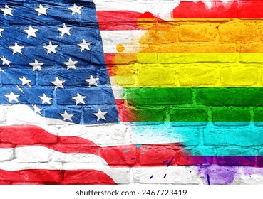 A colorful rainbow flag is painted on a brick wall next to the American flag. The rainbow flag is a symbol of the LGBTQ community and represents diversity and inclusivity - Powered by Shutterstock