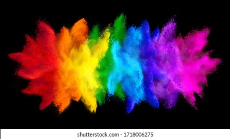 colorful rainbow holi paint color big  double powder explosion isolated on dark black wide panorama background. peace rgb beautiful party concept