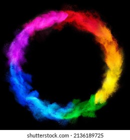 colorful rainbow holi paint color powder explosion ring circle isolated on dark black wide panorama background. peace rgb beautiful party concept