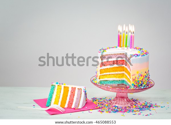 Colorful Rainbow Layered Birthday Cake Lit Stock Photo (Edit Now) 465088553