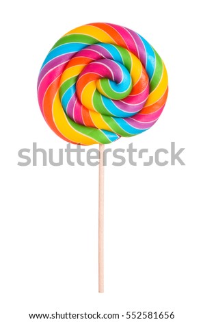 Colorful rainbow lollipop swirl on wooden stick isolated on white background