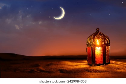 Colorful Ramadan lantern on desert dunes. Islamic greeting Eid Mubarak cards for Muslim Holidays. Crescent moon and stars.
 - Powered by Shutterstock