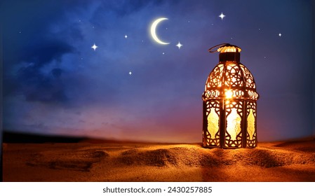 Colorful Ramadan lantern on desert dunes. Islamic greeting Eid Mubarak cards for Muslim Holidays. Crescent moon and stars. - Powered by Shutterstock