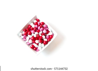 Colorful Red, White, Pink Coated Valentine Candy In A Bowl Isolated On White Background With Room For Copy Space