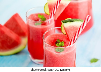 Colorful Refreshing Drinks For Summer, Cold Watermelon Lemonade Juice Smoothies In The Glasses