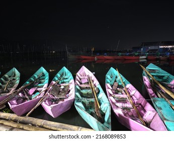 Colorful Rental Wooden Boats Dock In Rawa Pening (Rawapening) Lake At Night