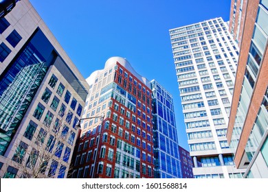 Colorful residential and office buildings on Ames street Cambridge Massachusetts usa