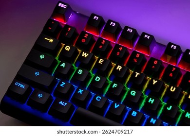Colorful RGB Gaming Keyboard on Desk – Close-Up Qwerty