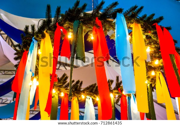 Colorful Ribbon Decoration On Ceiling Beer Stock Photo Edit