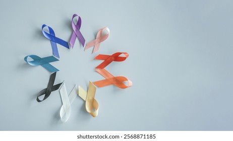 Colorful ribbons, world cancer day, World Autism Awareness Day concept