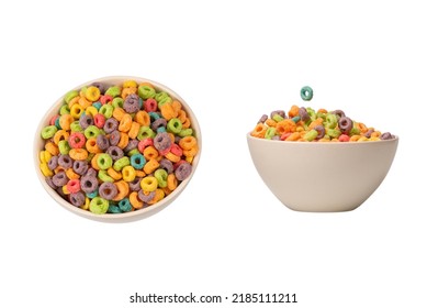 Colorful Rings Cereal Spill Out Into A Bowl. Breakfast. Isolated On A White Background. 