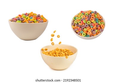 Colorful Rings Cereal Spill Out Into A Bowl. Breakfast. Isolated On A White Background. 