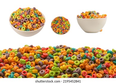 Colorful Rings Cereal Spill Out Into A Bowl. Breakfast. Isolated On A White Background. 