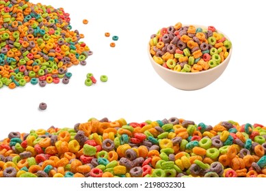 Colorful Rings Cereal Spill Out Into A Bowl. Breakfast. Isolated On A White Background. 