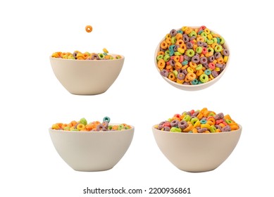 Colorful Rings Cereal Spill Out Into A Bowl. Breakfast. Isolated On A White Background. 