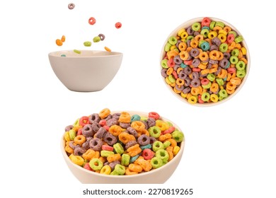Colorful rings cereal spill out into a bowl. Breakfast. Isolated on a white background.  - Powered by Shutterstock
