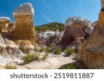 Colorful rock formations rise majestically in the desert landscape of the White Pocket area in Arizona, showcasing vibrant hues under a bright blue sky during midday. Paint Mines Park in Colorado.