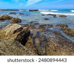 Colorful rocks with vegetation and marine life at low tide with waves and breakwater in the background, São Pedro da Cadeira PORTUGAL