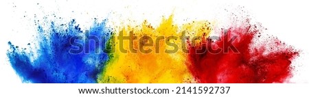 colorful romanian flag black blue yello red color holi paint powder explosion isolated on white background. Romania europe celebration soccer travel tourism concept