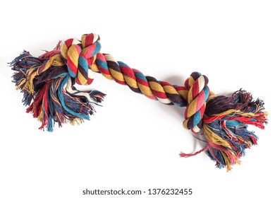 Colorful rope for dog teeth isolated on white background. Toy for doog teeth to chew.