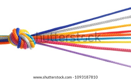 Colorful ropes tied together with knot on white background. Unity concept